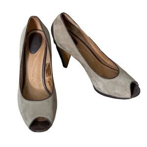 Fossil Suede Leather Peep Toe Heels Two Tone Tan Brown Size 7